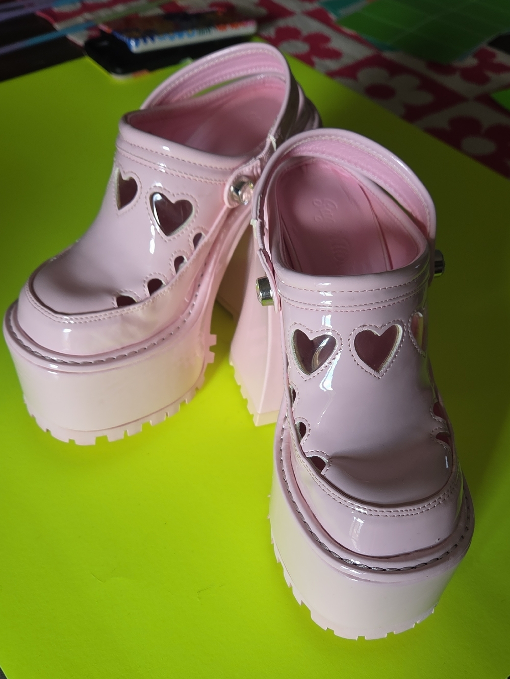 Sugar Thrillz Girly Cues Pink Heart Cutout Platform Heels
